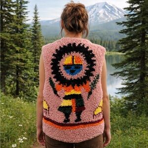 Vintage 1970s Hand-Hooked Kachina Rug Vest | Folk Art Owl “Mongwa” Design